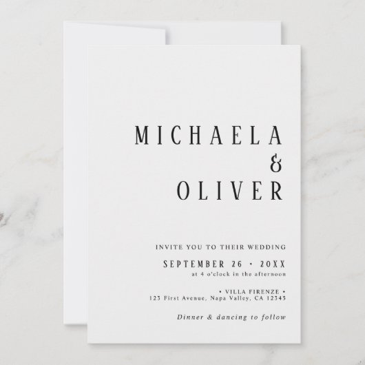 シンプルミニマリスト白黒タイポグラフィズ結婚 招待状 (正面)