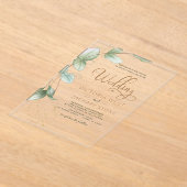 シンプルミニマリスト緑葉ユーカリ結婚ス アクリル招待状 (レイダウン)