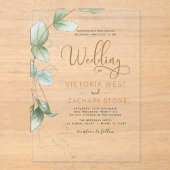 シンプルミニマリスト緑葉ユーカリ結婚ス アクリル招待状 (正面)