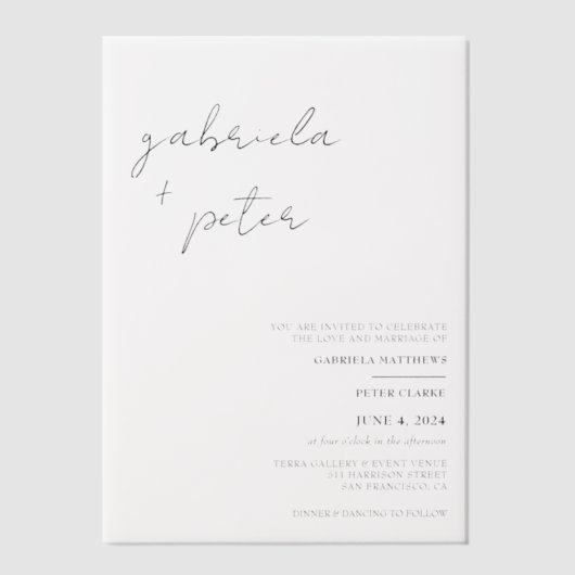 シンプルミニマリスト黒と白モダン結婚の ベラム紙招待状 (正面)