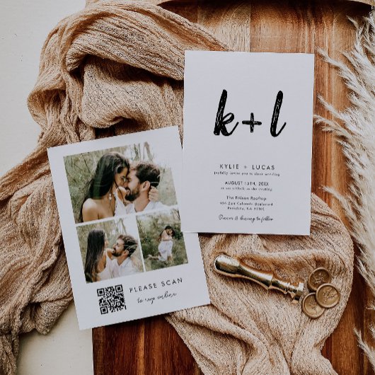 シンプルミニマリスト黒Qrコードフォト結婚ズ 招待状