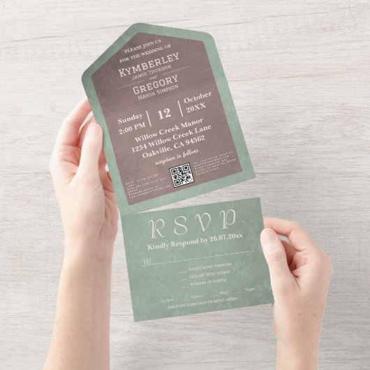 シンプルミニマリストBrown Sage Green QRコード オールインワン招待状 (貼ってはがせる)