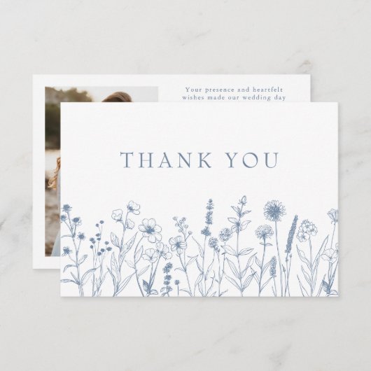 シンプルミニマリストPeriwinkleワイルドフラワー結婚ズ サンキューカード (正面/裏面)