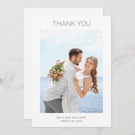 シンプルミニマリパーソナライズされたストフォトグレ結婚ーズ サンキューカード (正面/裏面)