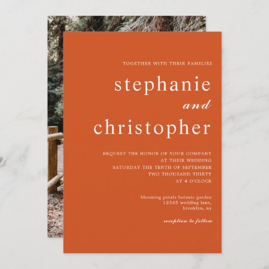 シンプルミニマルなシックな台本コーラルフォトズ結婚ス 招待状 (正面/裏面)