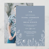 シンプルミニマルなワイルドフラワーダスティブルー結婚ズ 招待状 (正面/裏面)