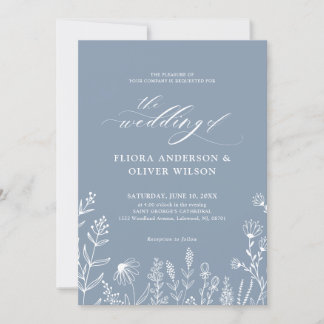 シンプルミニマルなワイルドフラワーダスティブルー結婚ズ 招待状
