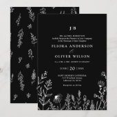 シンプルミニマルなワイルドフラワーブラック結婚ズ 招待状 (正面/裏面)