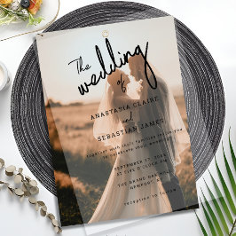 シンプルミニマルな白黒フォト結婚ズ ベラム紙招待状