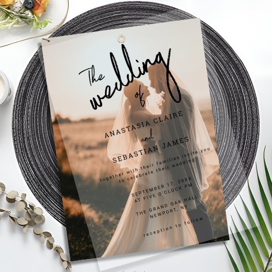 シンプルミニマルな白黒フォト結婚ズ ベラム紙招待状