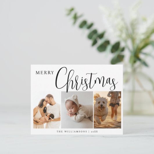 シンプルミニマルな赤3フォトコラージクリスマス シーズンポストカード (スタンド正面)