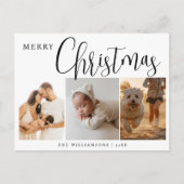 シンプルミニマルな赤3フォトコラージクリスマス シーズンポストカード (正面)