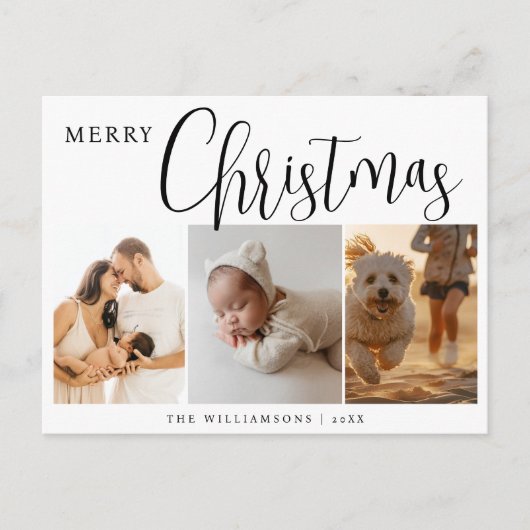 シンプルミニマルな赤3フォトコラージクリスマス シーズンポストカード (正面)