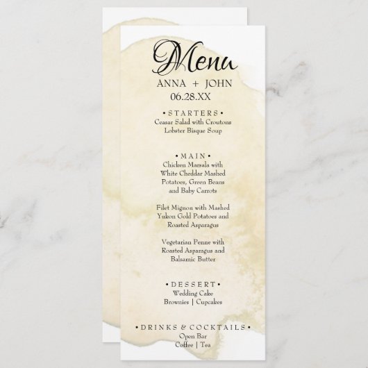 シンプルミニマルイエローウォーター結婚カラーのディナー メニュー (正面/裏面)