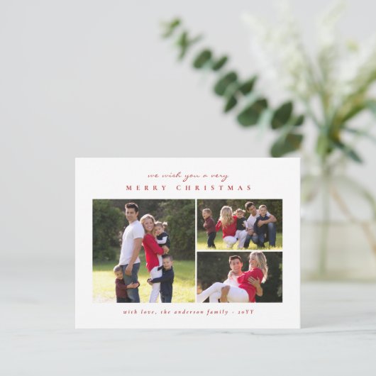 シンプルミニマルクラシックメリークリスマスレッド3写真 シーズンポストカード (スタンド正面)