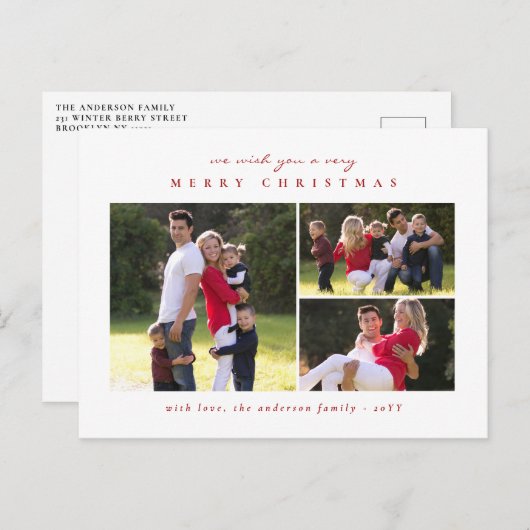 シンプルミニマルクラシックメリークリスマスレッド3写真 シーズンポストカード (正面/裏面)