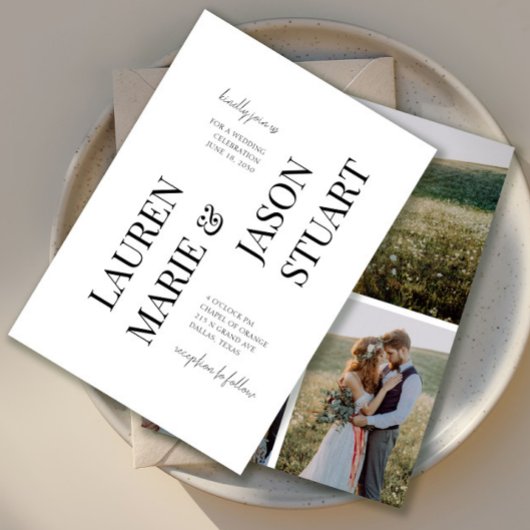 シンプルミニマルタイポグラフィブラック結婚の3枚の写真 招待状