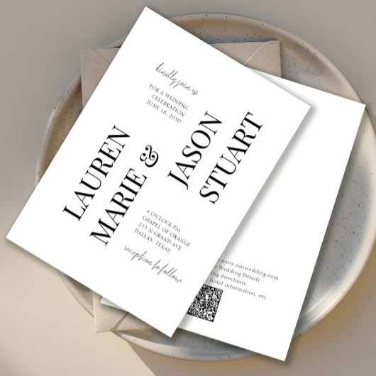 シンプルミニマルタイポグラフィブラックQRコー結婚ド 招待状