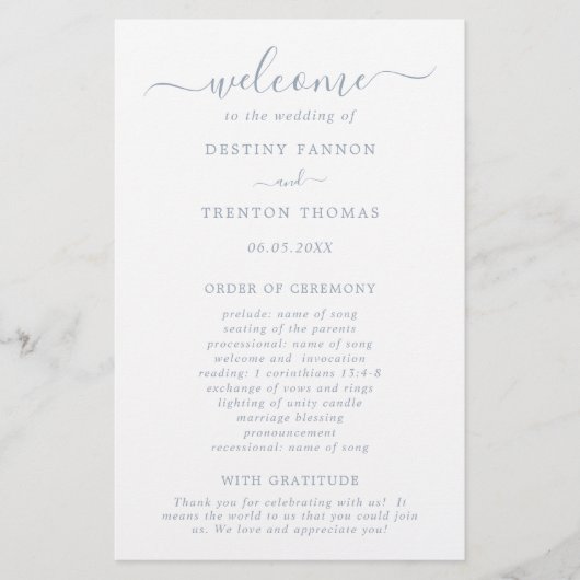 シンプルミニマルダスティブルー結婚式 プログラム チラシ (正面)