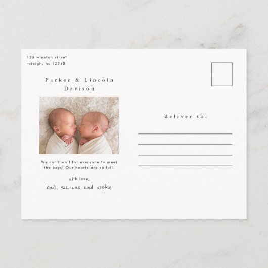 シンプルミニマルツインフォト誕生のお知らせ ポストカード (裏面)