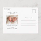 シンプルミニマルツインフォト誕生のお知らせ ポストカード (裏面)