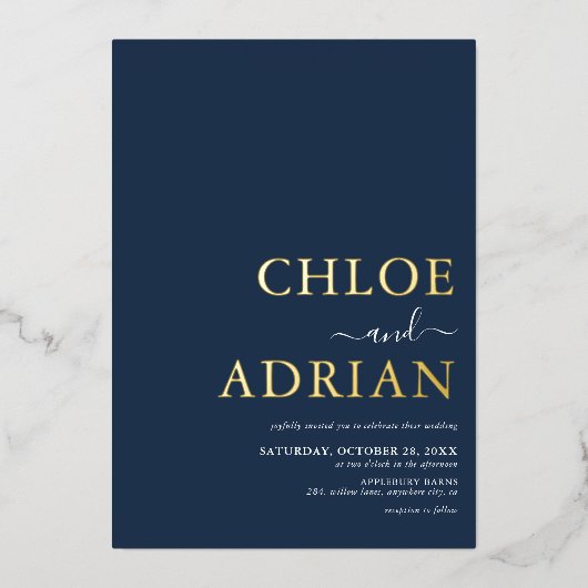 シンプルミニマルネイビー結婚ブルー金ゴールド 箔招待状 (正面)