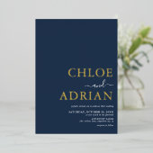シンプルミニマルネイビー結婚ブルー金ゴールド 箔招待状 (立ち正面)