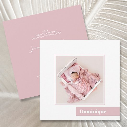 シンプルミニマルピンク写真誕生のお知らせ 招待状