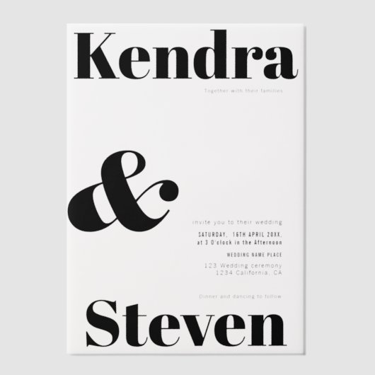 シンプルミニマルモダンはっきりした名結婚の ベラム紙招待状 (正面)