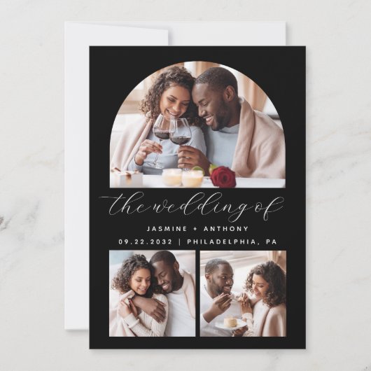 シンプルミニマル写真アーチコラージブラック結婚ズ 招待状 (正面)