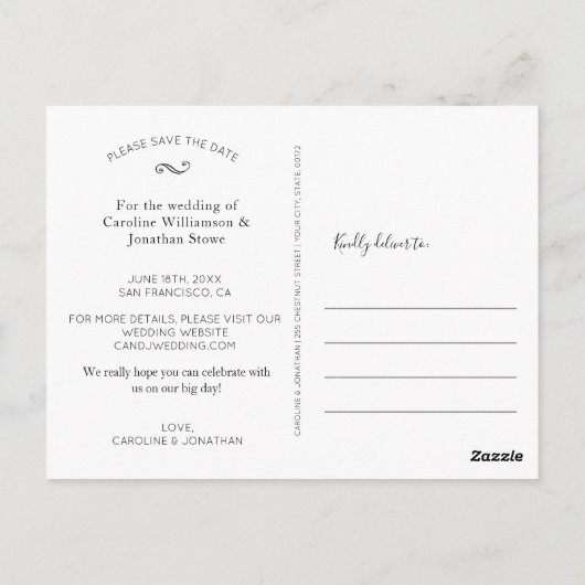 シンプルミニマル大フォトウェディング日付を保存 ポストカード (裏面)