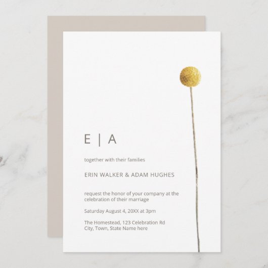 シンプルミニマル水カラーフローラステムイエロー 招待状 (正面/裏面)