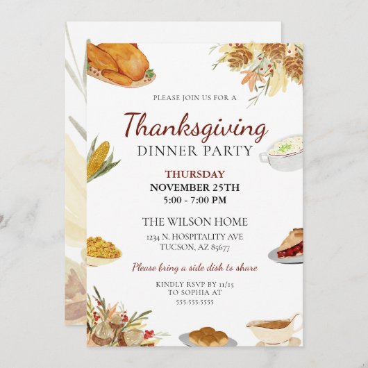 シンプルミニマル水彩感謝祭ディナー 招待状 (正面/裏面)