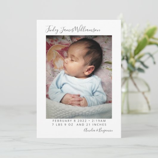 シンプルミニマル生まれたばかりのPhoto Stats誕生 案内状 (スタンド正面)