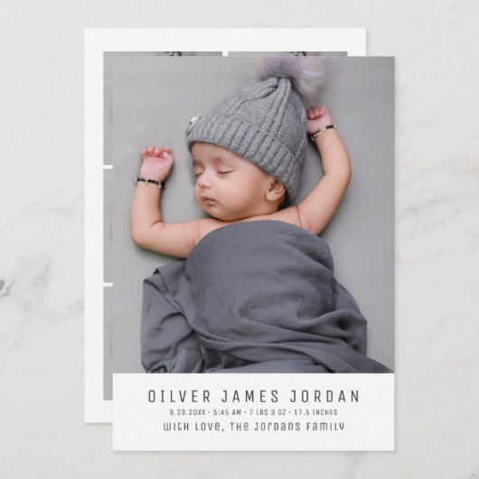 シンプルミニマル男女兼用ム写真ベビー誕生 案内状 (正面/裏面)
