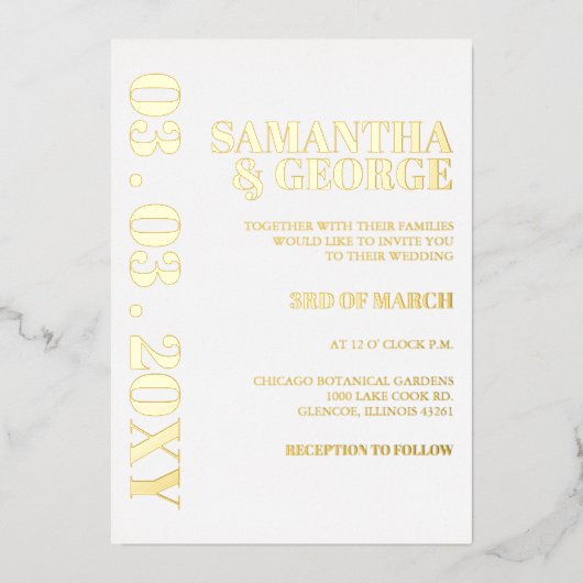 シンプルミニマル白と金ゴールドモダン結婚の 箔招待状 (正面)