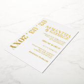 シンプルミニマル白と金ゴールドモダン結婚の 箔招待状 (回転した状態)