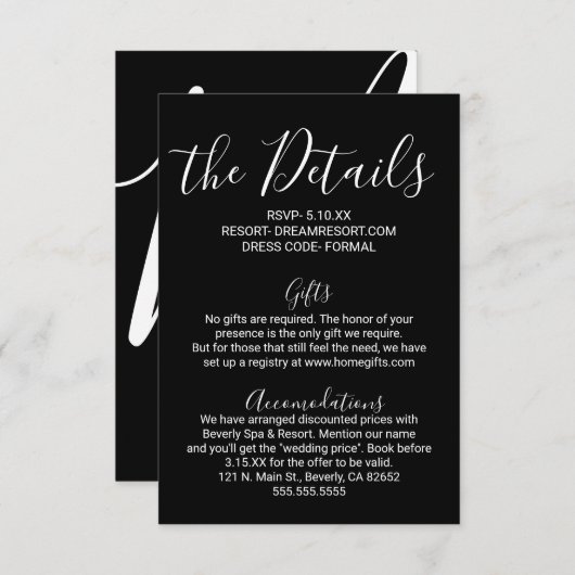 シンプルミニマル白黒結婚詳細 エンクロージャーカード (正面/裏面)