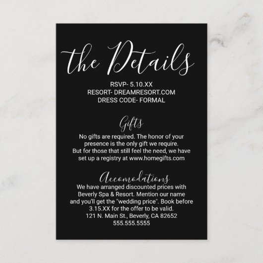 シンプルミニマル白黒結婚詳細 エンクロージャーカード (正面)