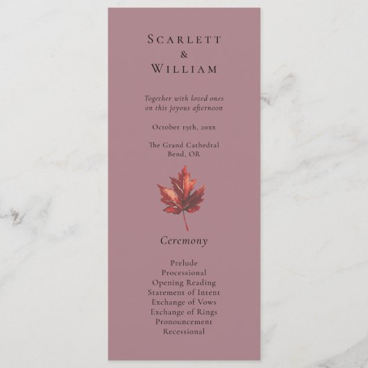 シンプルミニマル秋リーフマウヴ結婚ス プログラム (正面)