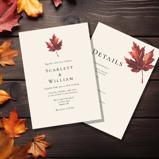 シンプルミニマル秋リーフ結婚クリーム詳細 招待状