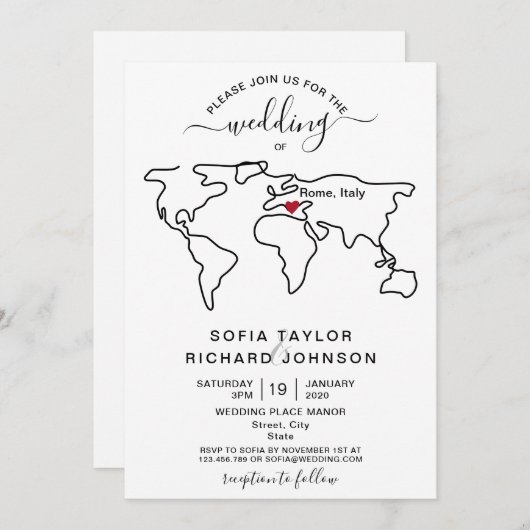 シンプルミニマル結婚リストの目的地の世界地図 招待状 (正面/裏面)