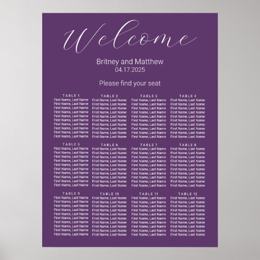 シンプルミニマル結婚リスト紫の座席表 ポスター (正面)