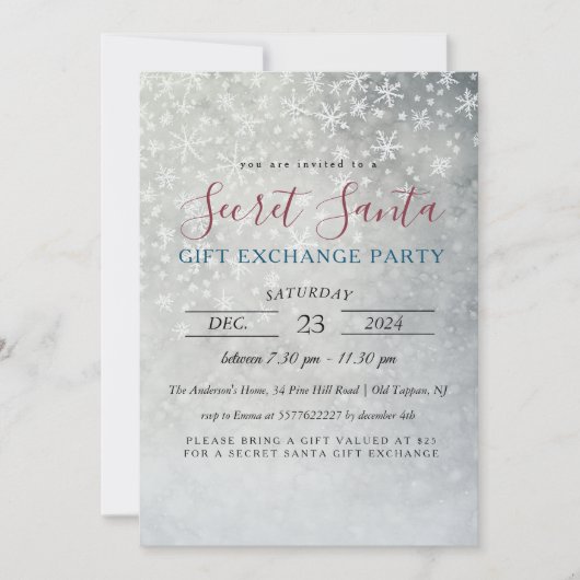 シンプルミニマル雪片シークレットサンタパーティー 招待状 (正面)