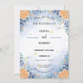 シンプルミニマル青イエローフローラ結婚ズ 招待状 (正面)