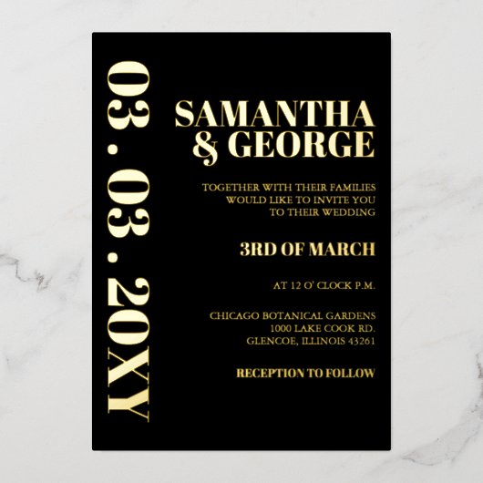 シンプルミニマル黒白モダン結婚ズ 箔招待状 (正面)