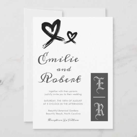シンプルミニマル黒白モノグラム結婚ズ 招待状 (正面)