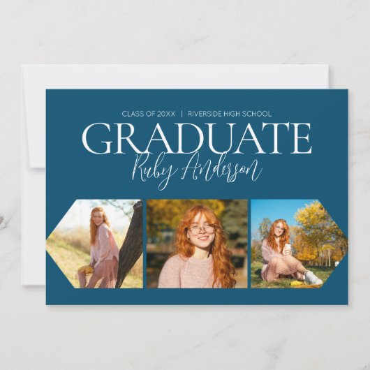 シンプルミニマル3フォトコラージブルー卒業 案内状 (正面)