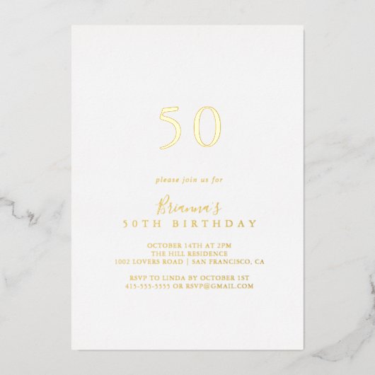 シンプルミニマル50th誕生日パーティー金ゴールド 箔招待状 (正面)