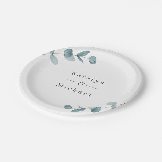 シンプルミニマルEucalyptusフレーム&ネーム結婚ズ ペーパープレート (アングル)